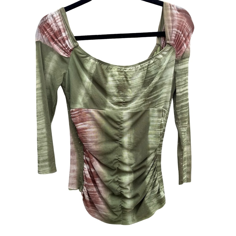Sweet Pea Y2K 90s Fairycore Ruched Mesh Space Tie Dye‎ 3/4 Sleeve Green Womens S
